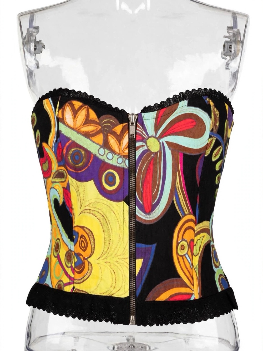 Colorful Strapless Zip-Front Bandeau Bustier - Black Multicolor Floral